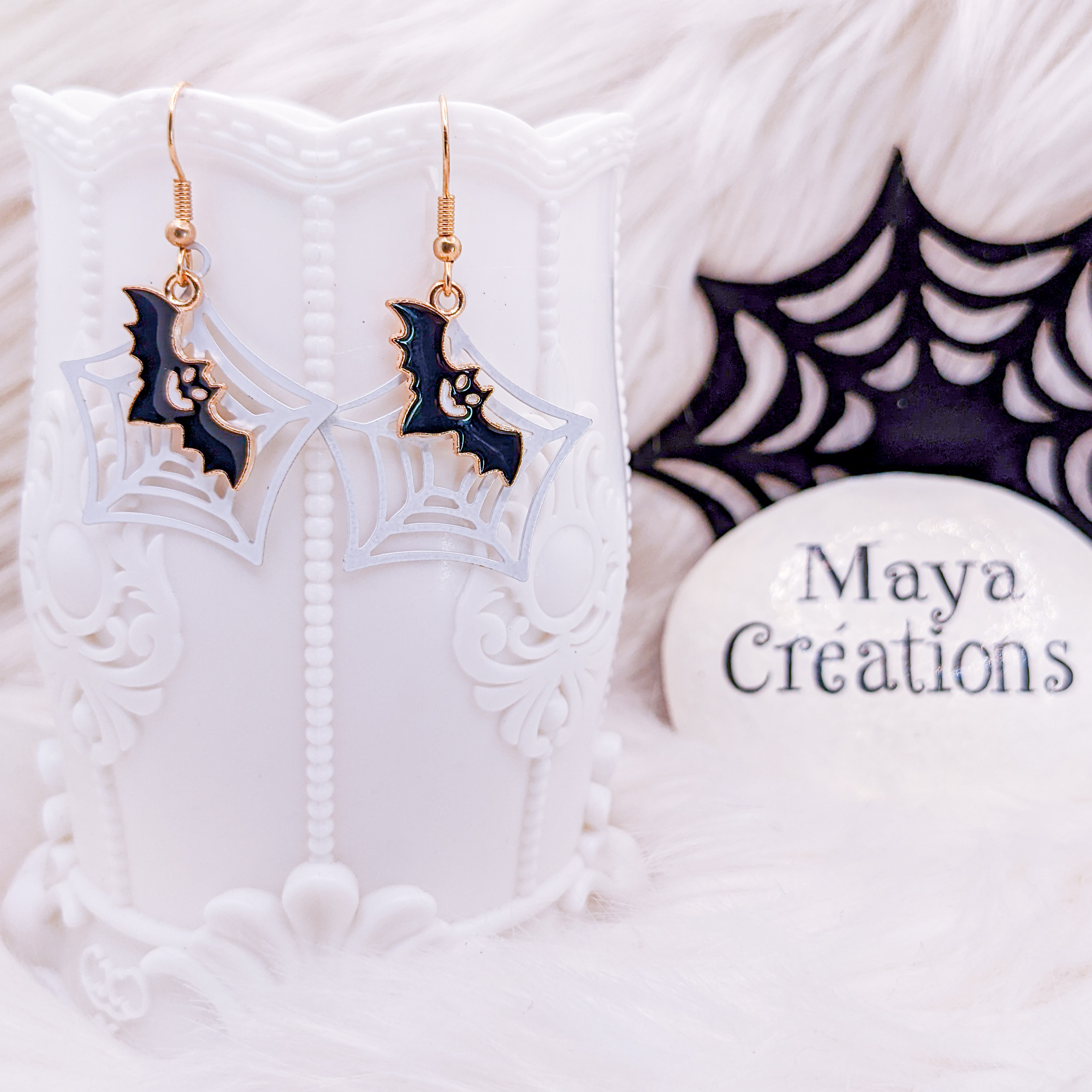 Boucles D’oreilles Araignées Halloween – Widmann – Clips Argentés Avec Pendentif Araignée Noire – Bijou Fantaisie
